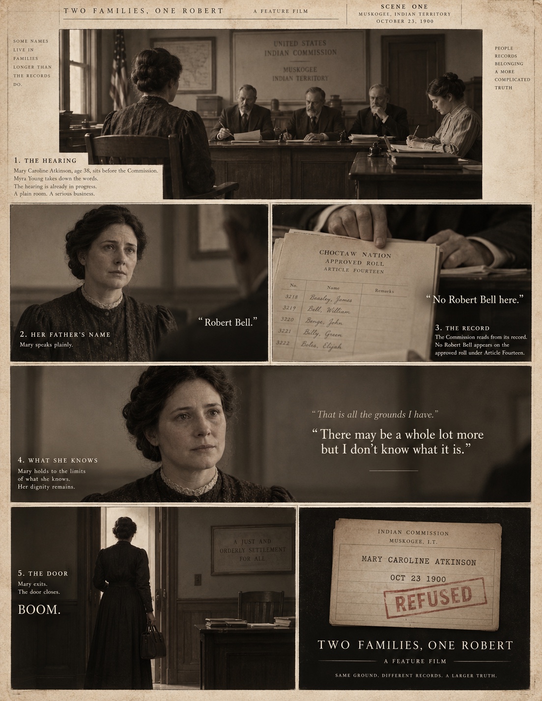 Interpretive sepia storyboard for Scene One: Mary Caroline Atkinson before the Commission, the Robert Bell record conflict, and the refusal beat
